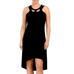 Cupio little black dress with strappy neck and back halter design. Shelf bra.